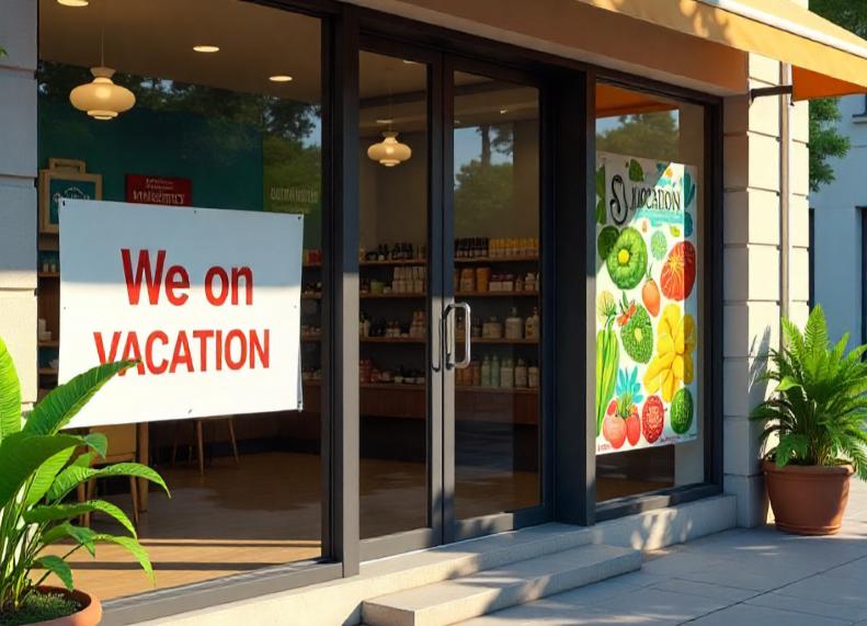 Schaufenster mit Urlaubsschild